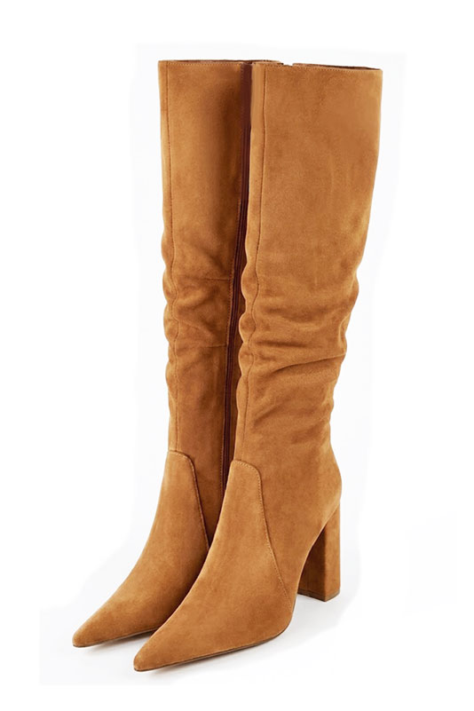 Dress custom-made formal knee-high boots in camel beige leather with high block heels and pointed toe - Front view